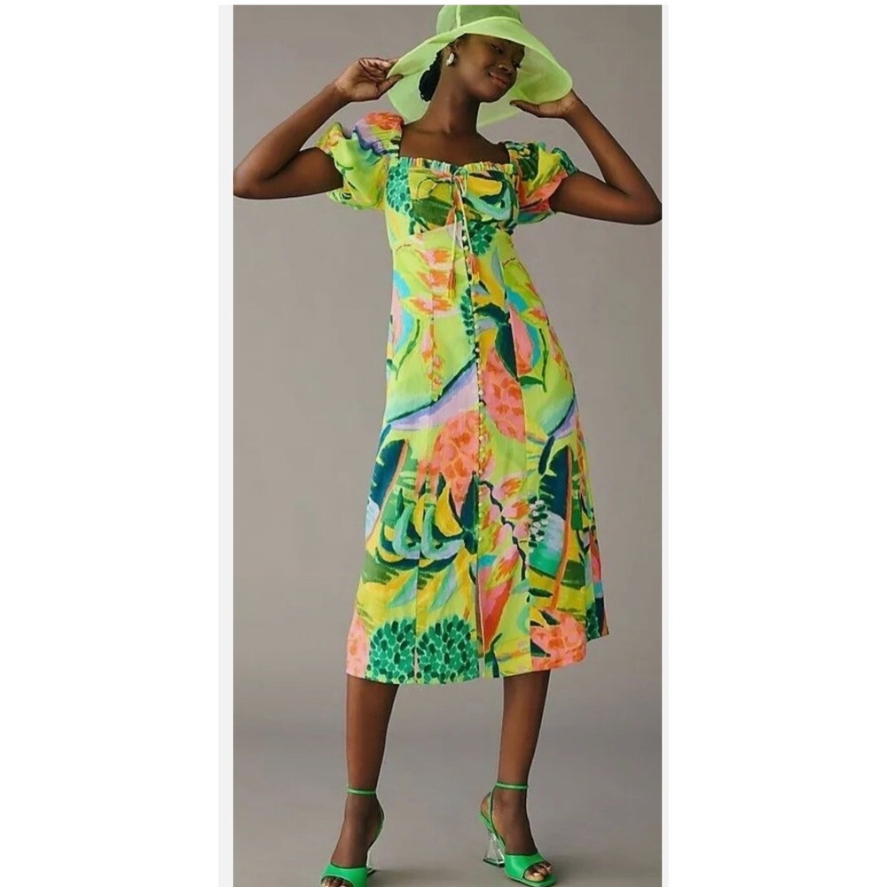 Farm Rio Anthropologie Tropical Collage Linen Midi Dress Puff Sleeve XS Garden